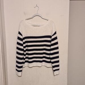 Anthropologie Navy and White Striped Crewneck Sweater